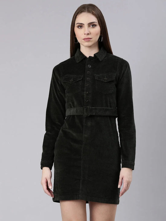 Women Olive Solid Shirt Dress-IM-10642-Olive