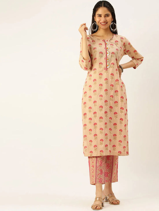 Women's Peach Printed Kurta Sets-AT-659-Peach