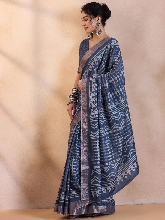 Saree Mall Women's  Blend Navy Blue Printed Designer Saree With Blouse Piece-HOLAND74A