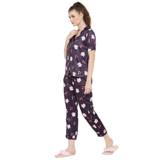 Smarty Pants Women's Silk Satin Wine Color Owl Print Night Suit