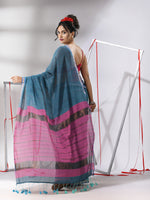 Teal Cotton Saree With Sequine Work And Zari Stripe Pallu-MA55CT06520120