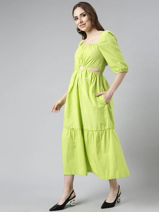 Women Green Solid Fit and Flare Dress-ON-747-Green