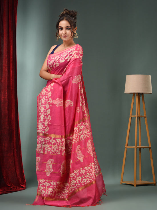 Pink Blended Silk Handwoven Saree With Floral Border-MA50BSL34710002