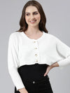 Women White Solid Front-Open Crop Sweater-CHN-0602-White