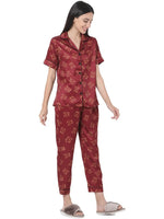 Smarty Pants Women's Silk Satin Maroon Color Pooh Print Night Suit