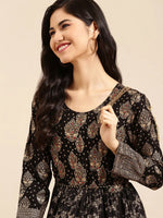 Women's Black Printed A-Line Kurta-AT-A617-LG-Black