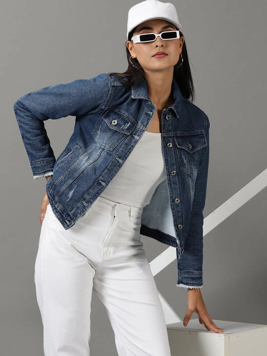 Women's Navy Blue Solid Denim Jacket-IM-9827-Navyblue