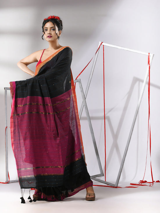 Black Cotton Saree With Sequined Work-MA55CT06520109