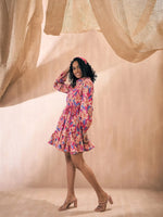 Women Fuchsia Floral Flared Dori Belt Shirt Dress