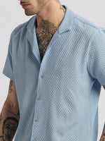 Men Cuban Collar Solid Blue Casual Shirt-FELCO-2202-Blue