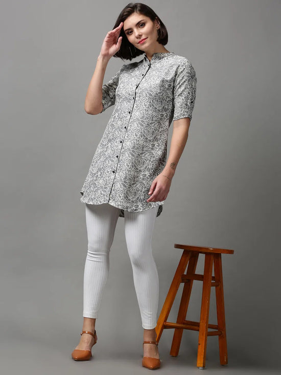 Women's Grey Printed Longline Shirt-AE-444115-Grey