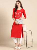 Women's Red Embellished Straight Kurta-SKC-3222A-Red