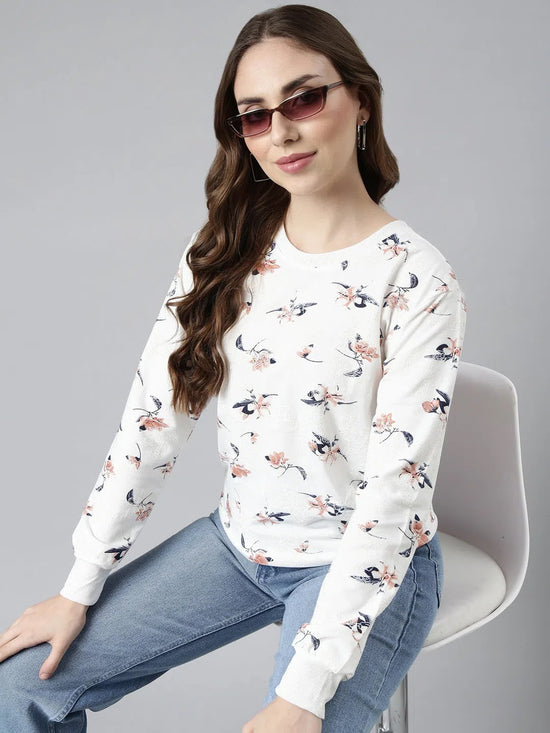 Women White Floral Pullover Sweatshirt-SNC-53-Whitepeach