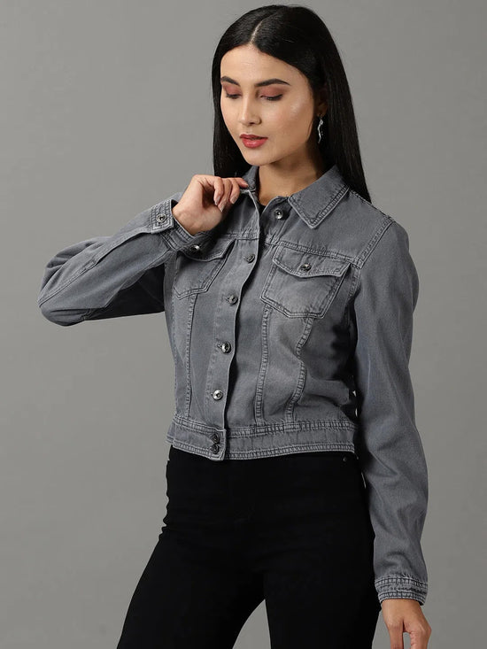 Women's Grey Solid Denim Jacket-IM-10440-Grey