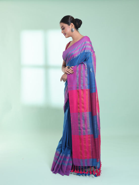 Sapphire Blue Cotton Saree With Zari Border-MA59CT06530051