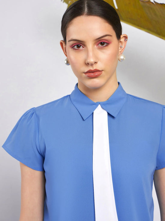 Women Dull Blue Neck Tie Detail Top