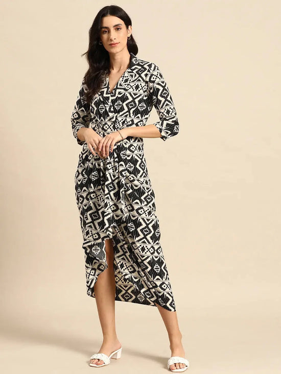 Shirt Dress with front Drape in Black and Cream Ikkat Print