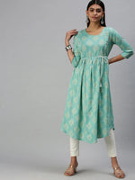 Women's Blue Printed A-Line Kurta-KG555A-Turquoiseblue