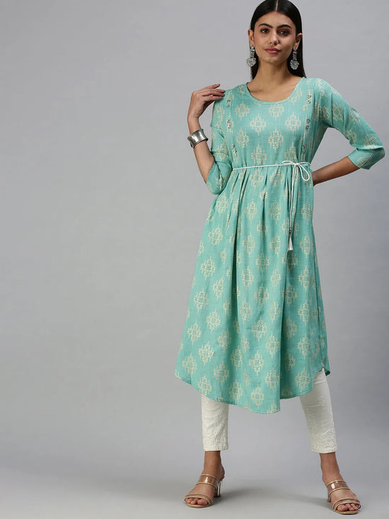 Women's Blue Printed A-Line Kurta-KG555A-Turquoiseblue