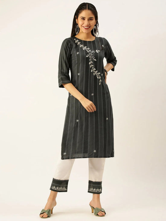 Women's Grey Striped Kurta Sets-SB-33395-Grey