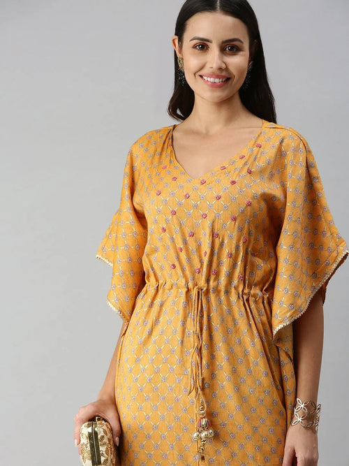 Women's MustardMulti Floral Kaftan Kurta-GW-2262-Mustardmulti