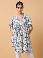 Women White Printed Kaftan Top-AE-9931-Whitenavyblue