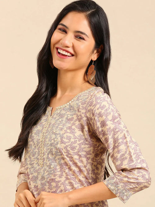 Women's Beige Printed Straight Kurta-AT-A-625-Beige