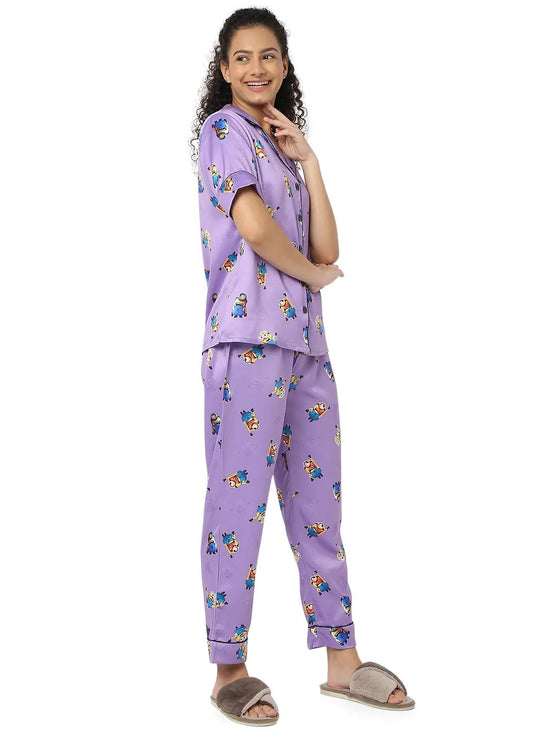 Smarty Pants Women's Silk Satin Lilac Color Minion Print Night Suit