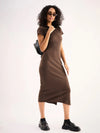 Women Brown Rib Collar Midi Dress