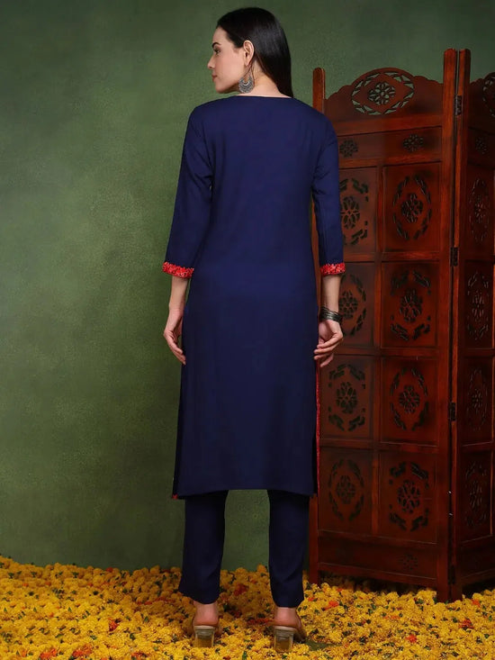 Ahika Women Blue Viscose Rayon Solid Embroidered Chikankari Straight Kurta