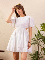 Women White Schiffli Waist Cut Out Skater Dress