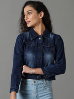 Women's Navy Blue Solid Denim Jacket-AE-9504-Navyblue