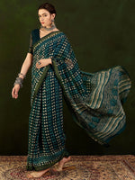 Saree Mall Women's Cotton Linen Teal Blue Printed Designer Saree With Blouse Piece-RYLGLD01D