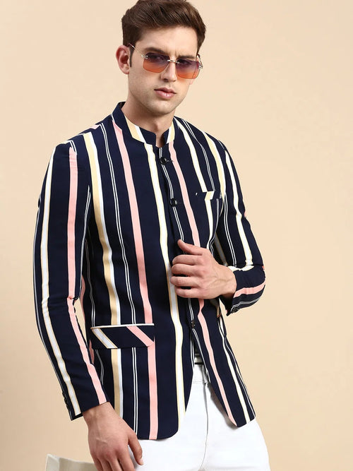 Men Navy Striped Party Blazer-SOBLZ-79-2-Navyblue