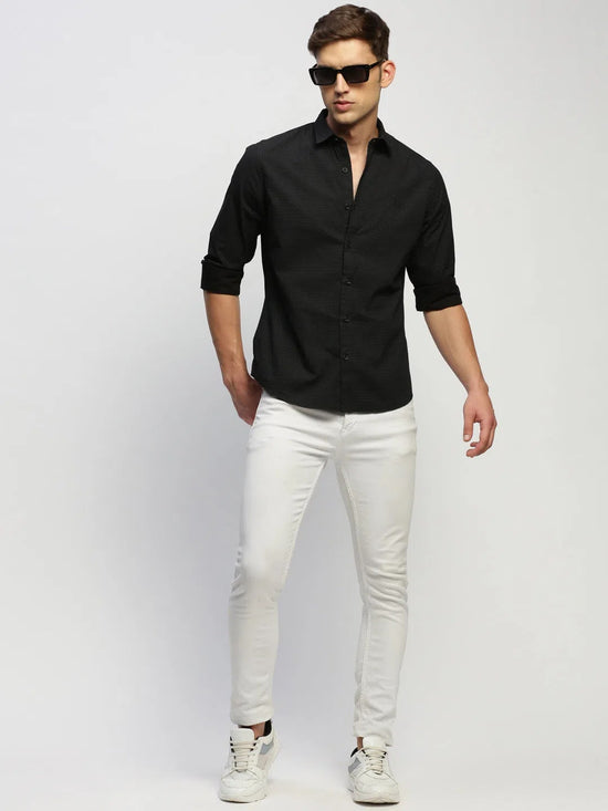 Men Black Striped Shirt-HEPTAGON-1775-Charcoal