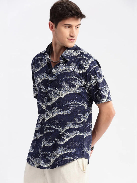 Men Spread Collar Floral Navy Blue Casual Shirt-HARVEN-2312-Navyblue