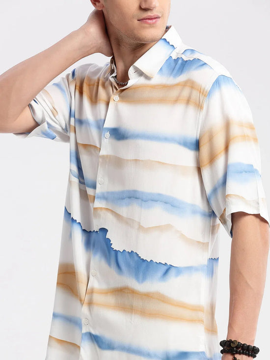 Men Spread Collar Abstract Off White Casual Shirt-ZEPTO-2221-Offwhite