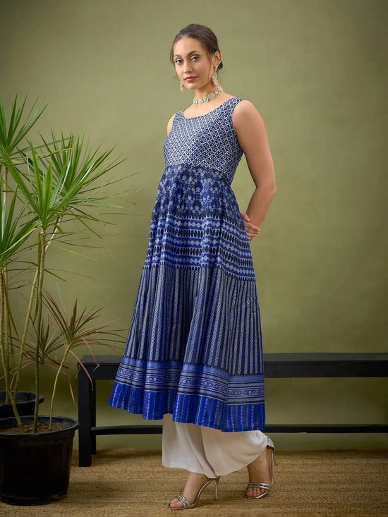 Women Indigo Floral Geo Print Anarkali Maxi