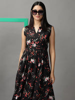 Women's Black Floral Fit and Flare Dress-AE-15747-Black