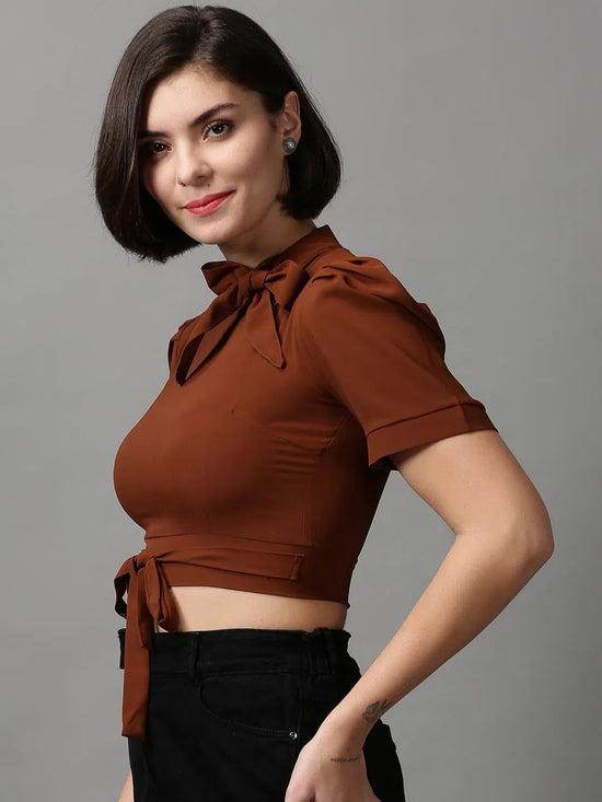 Women's Brown Solid Top-AE-10352-Brown