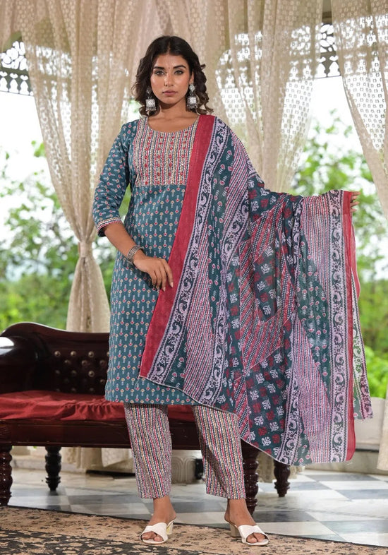 Teal Blue Ethnic Motif Printed Cotton Kurta, Pant And Dupatta Set With Zari & Thread Work-J4919OT3TEAL