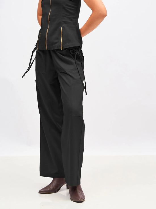 Women Black Twill Waist Drawstring Cargo Pants