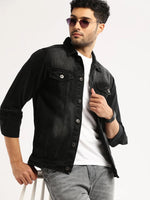 Men Charcoal Spread Collar Solid Denim Jacket-IB-DJ-08-Charcoal