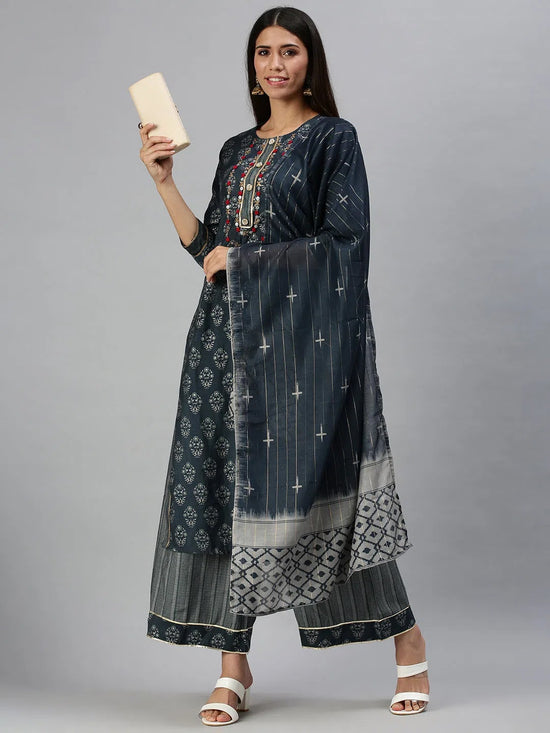 Women's Blue Printed Kurta Sets-GW1426-Blue