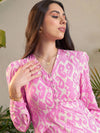 Women Pink Ikat Print Peplum Midi Dress