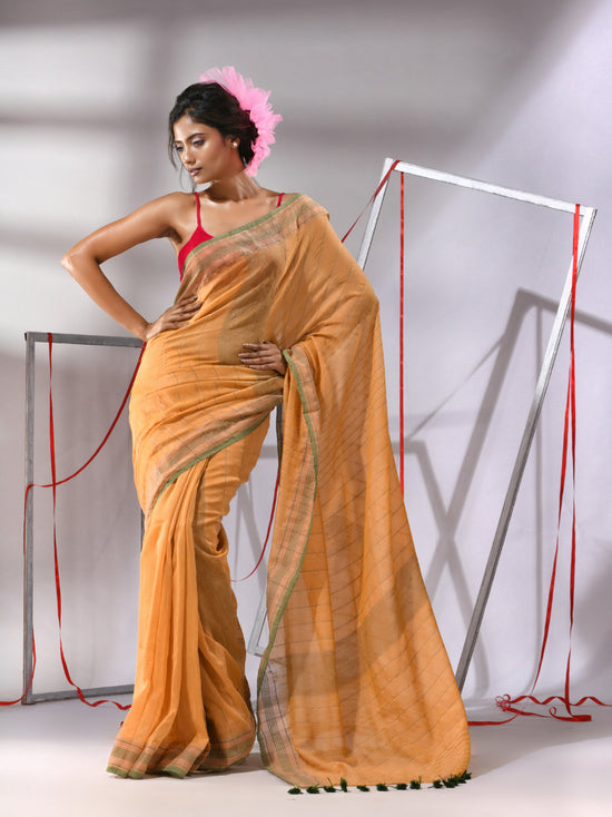 Beige Cotton Saree With Stripes Design-MA55CT06540067