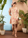 Women Beige Floral Wrap Short Dress