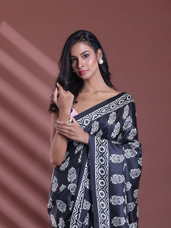 Black Silk Soft Saree With Paisley Print-MA60BSL01400044