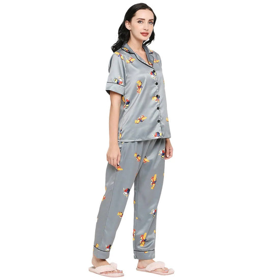 Smarty Pants Women's Silk Satin Grey Color Stuart Little Printed Night Suit