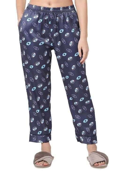 Smarty Pants Women's Silk Satin Blue Color Evil Eye Print Night Suit